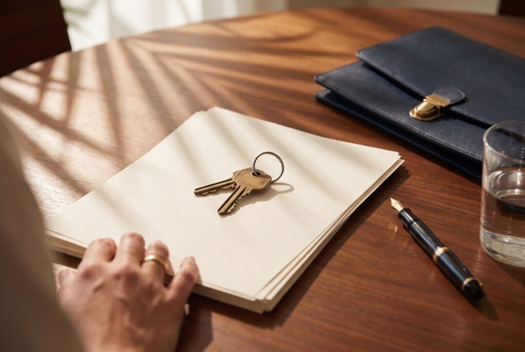 House keys on closing documents with a fountain pen and navy folio at a sunlit Miami closing table