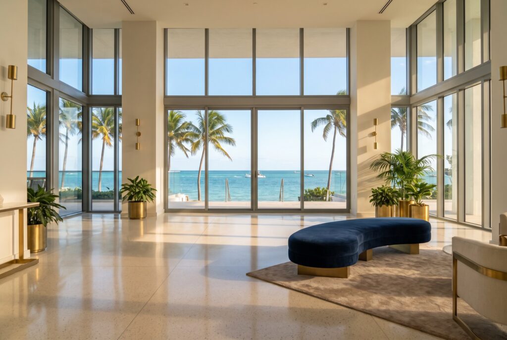 Bright Miami condo lobby with a navy velvet bench and floor-to-ceiling windows facing palm trees and the ocean