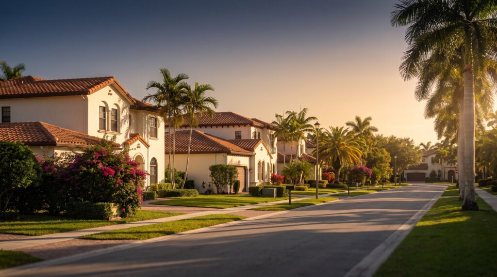 Mediterranean-revival homes with tile roofs on a palm-lined Miami street at golden hour